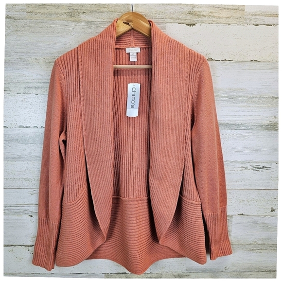 NWT Chico's Ribbed Cocoon Cardigan Agra Red Sz Large Coral Casual Cotton Preppy - Picture 2 of 16